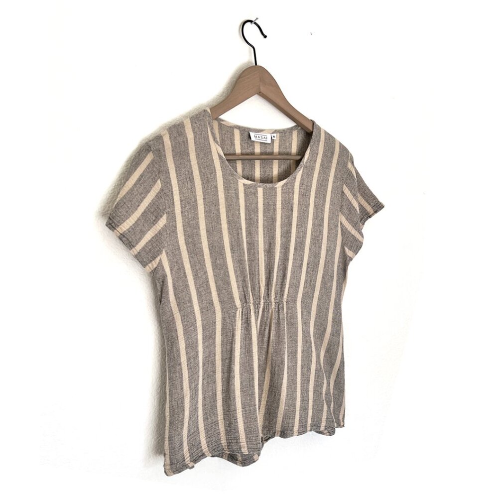 Tan and Greige Stripe Boho Ruched Short Sleeve Shirt by Masai, Size Medium